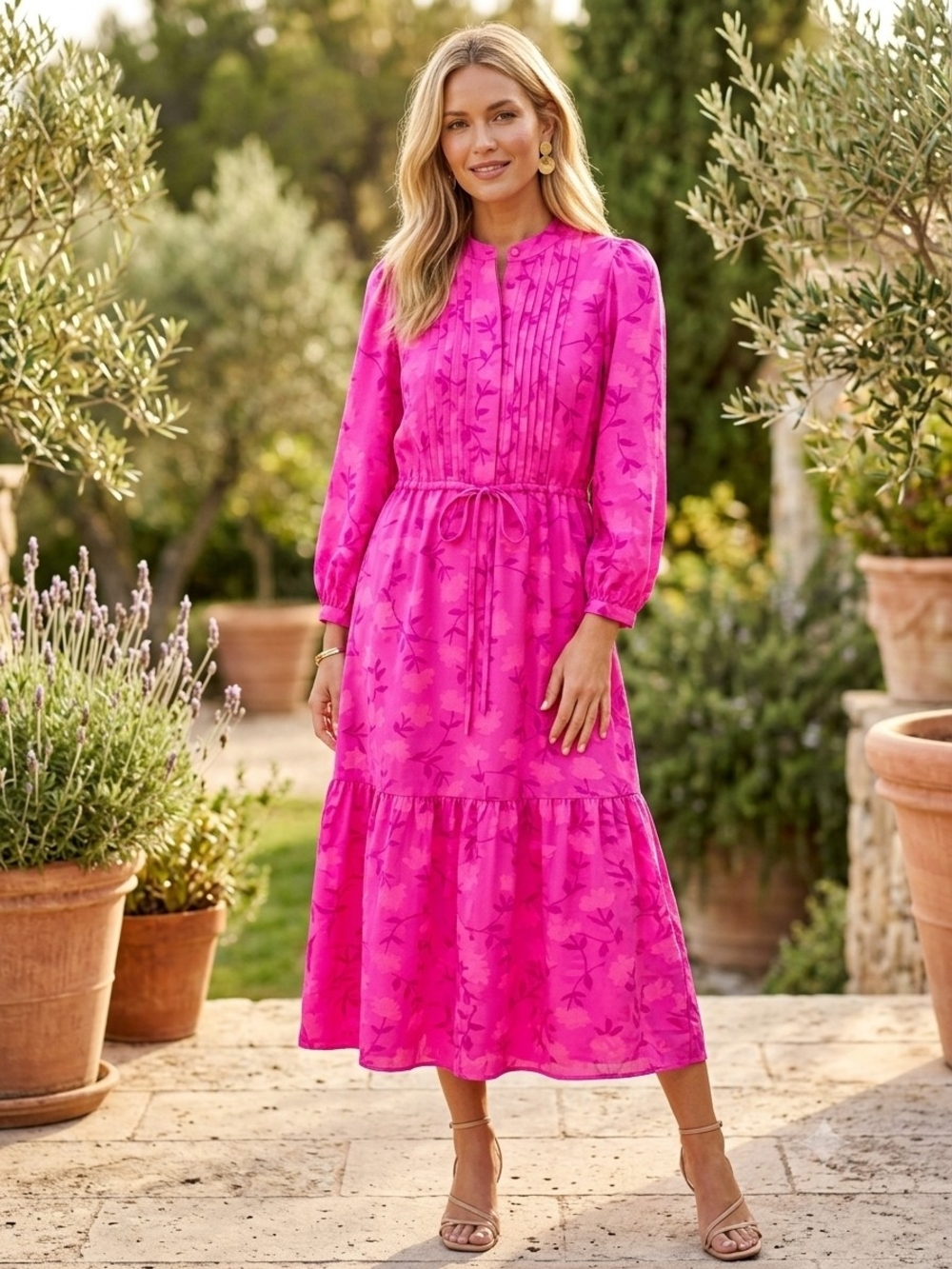Sugarlips Hot Pink Pintuck Midi Dress with Drawstring Waist